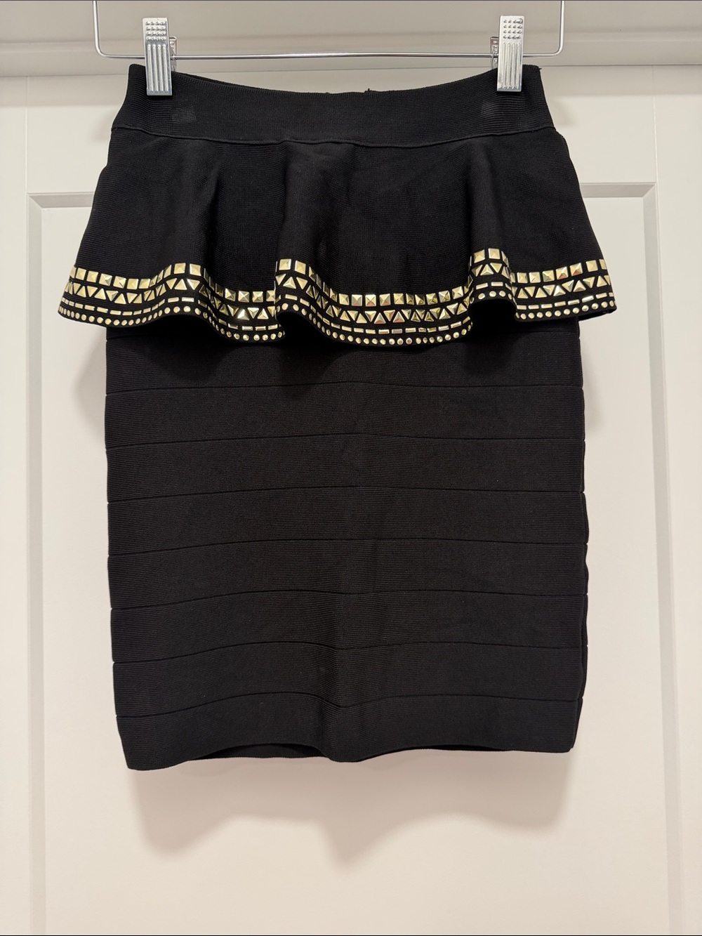 bebe Black Peplum Pencil Skirt with Gold Stud Accents